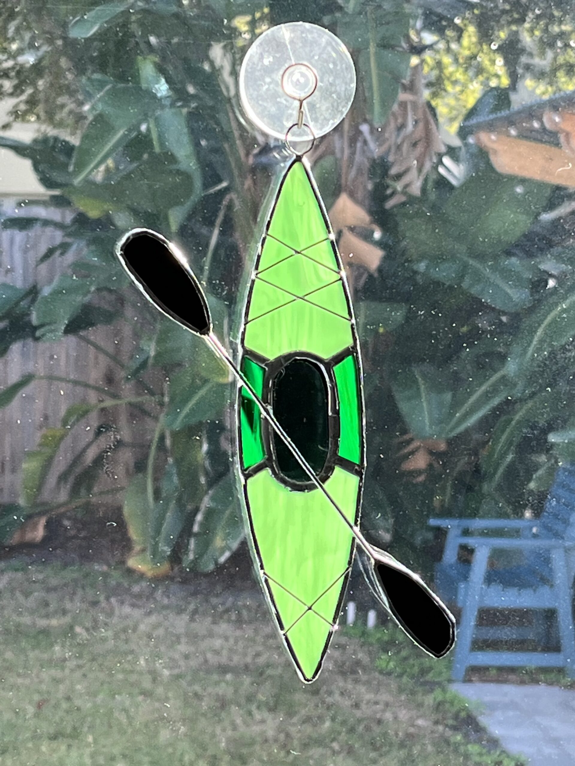 Stained glass two tone green kayak suncatcher