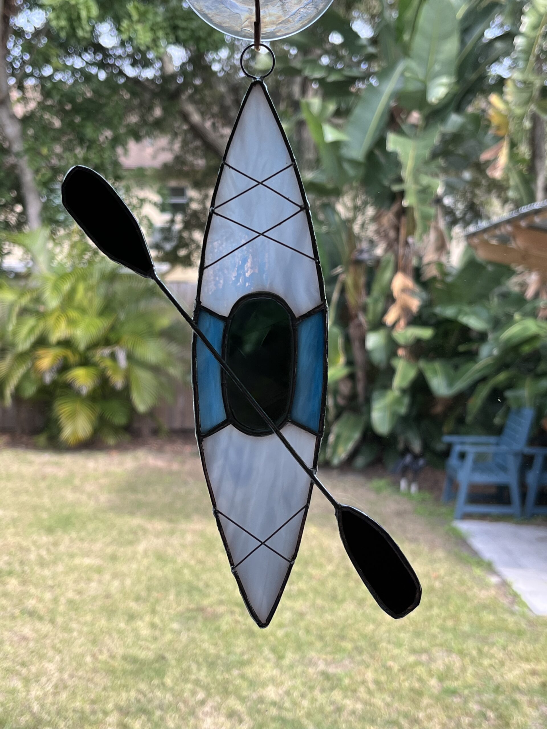 Stained glass two tone blue kayak suncatcher